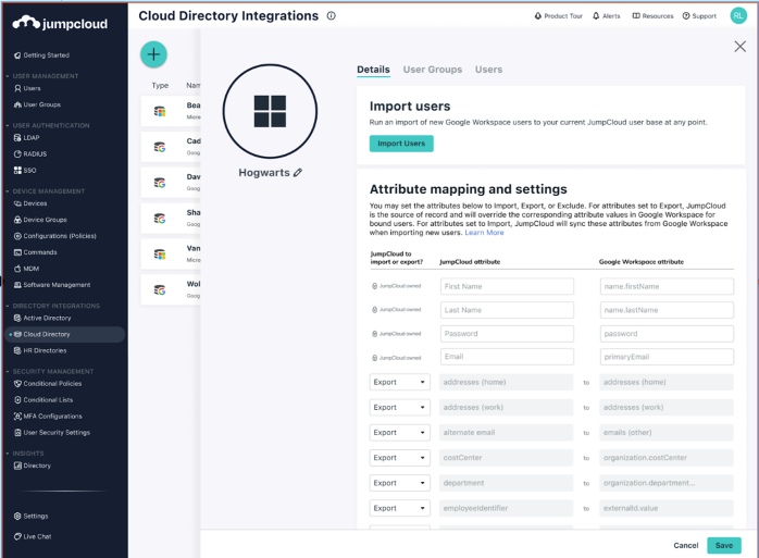Import User menu inside of the JumpCloud console.