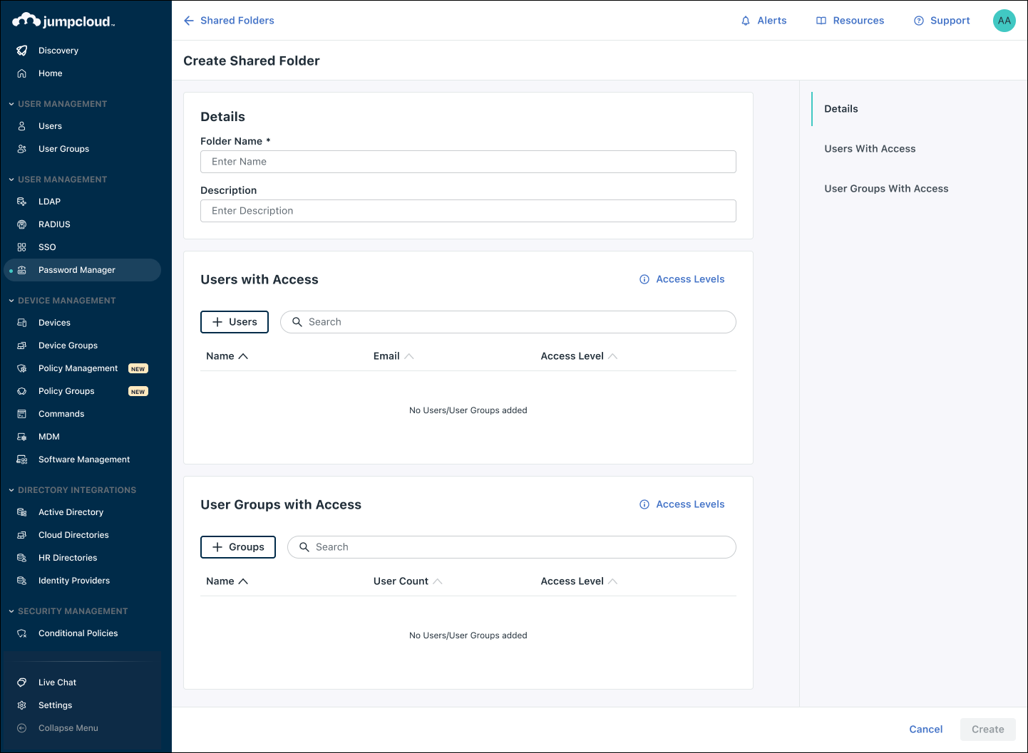 A screen showing Create Shared Folder page in password manager admin portal
